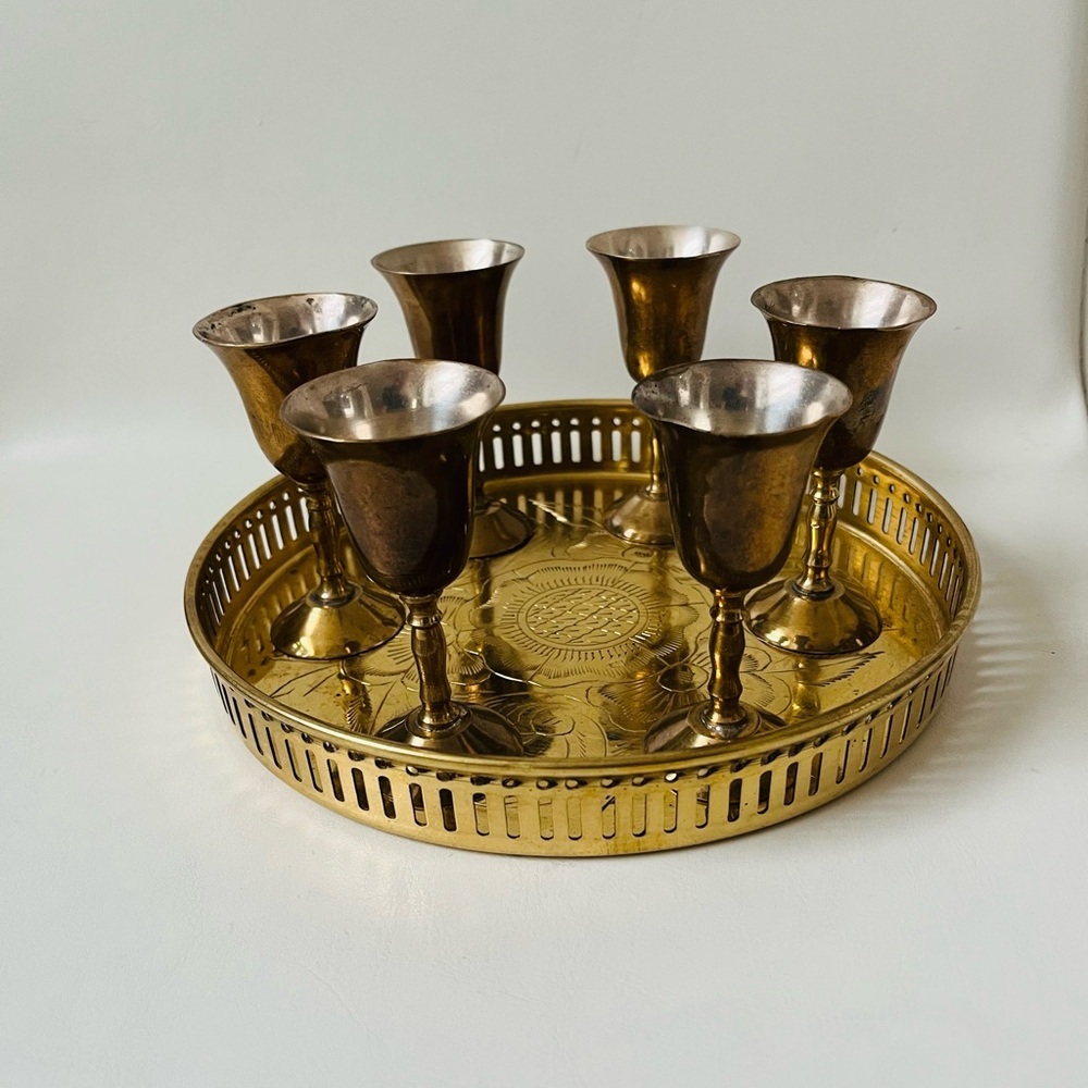 Elegant Brass and Silver Goblet Set with Tray